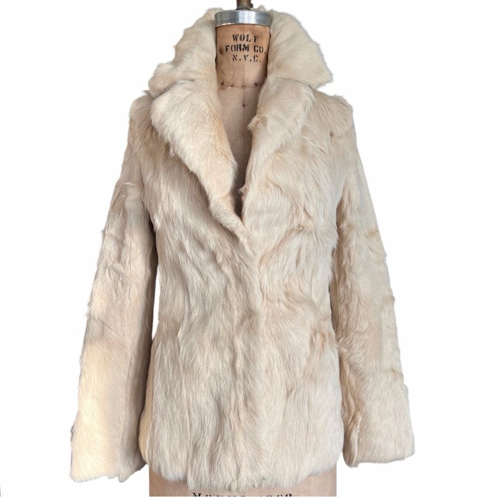 K Chromosome K Vintage  Leather Korean Creamy Beige Natural Fur Coat Size S
